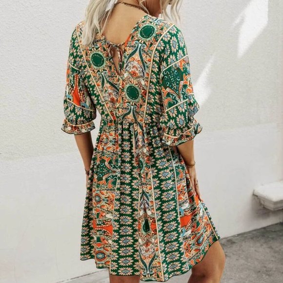 Green Boho Mini Dress - Picture 4 of 6